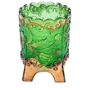 Antique US Glass Floradora Emerald Green Gold Gilt Spooner Celery Vase EAPG